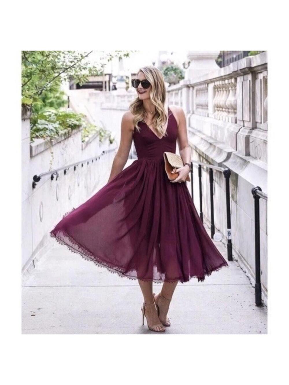 Dress the Population Wine V-Neck Chiffon Midi Dress - Picture 1 of 12